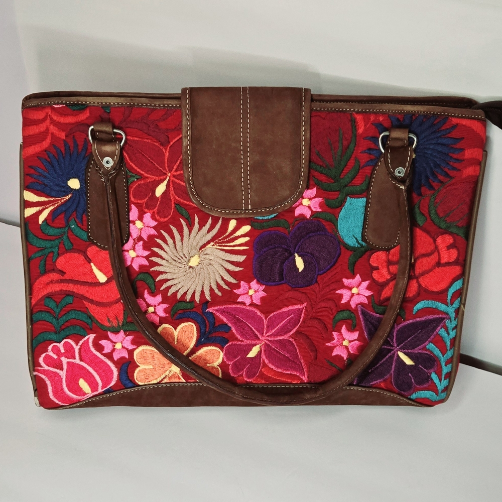 Floral Embroidered Tote Bag - Red and Brown